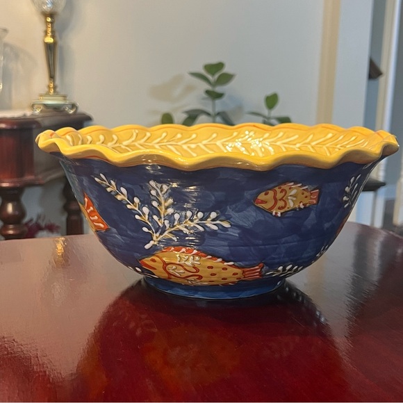 Maxcera Mediterranean Large Serving Bowl Fish Nautical Ruffle Edge Hand Painted - Picture 5 of 10